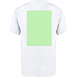A white adult T-shirt featuring a large green rectangular area on the back, with a logo displayed.