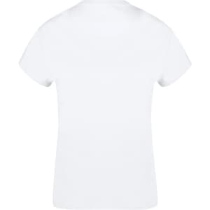 A white women's T-shirt with short sleeves and a plain back. It features a logo at the neckline.