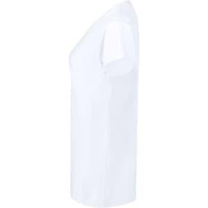 A white women's T-shirt featuring a simple design and a side view silhouette. Includes a logo.