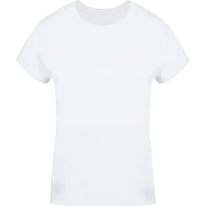 A white women's t-shirt with a classic crew neck and short sleeves, featuring a branding logo.