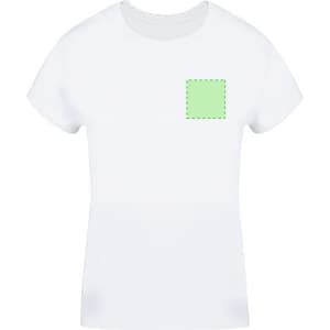A white women's t-shirt featuring a green square outline on the front. The shirt has short sleeves and a classic fit.