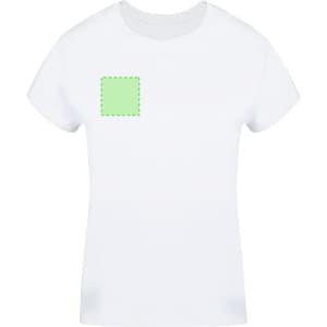 A white women's t-shirt featuring a small square design area on the front. It has a simple, classic style.