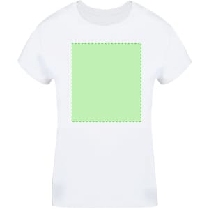A white women's t-shirt featuring a square design area in a light green outline. The shirt has a logo on the front.