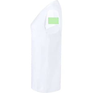 A white women's T-shirt featuring a blank patch on the sleeve for customisation.