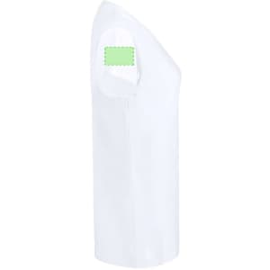 A white women's T-shirt featuring a short sleeve and a logo on the shoulder.