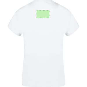 A white women's t-shirt featuring a blank space on the back for customization, with a simple design and a logo.