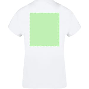 A white women's T-shirt featuring a blank green area on the back and a logo.