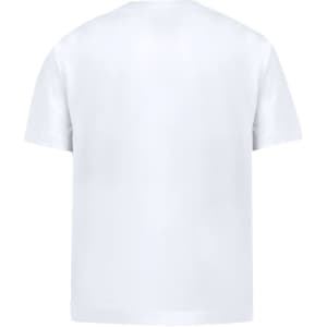 A plain white children's t-shirt with a round neck and short sleeves, featuring a small logo on the back.