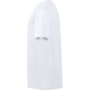 A white children's t-shirt featuring short sleeves and a round neckline, with a logo on the side.