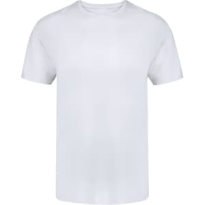 A white T-shirt with short sleeves, featuring a plain design and a logo. Ideal for casual wear.