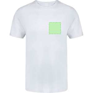 A white children's T-shirt featuring a green outlined square on the front. It has a simple design and a branding logo.