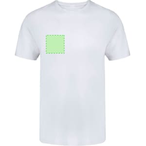 A white t-shirt with a square area outlined in green on the front. It features a logo or branding.