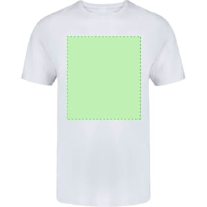 A white T-shirt featuring a blank green square outline in the centre. The shirt has a logo on it.