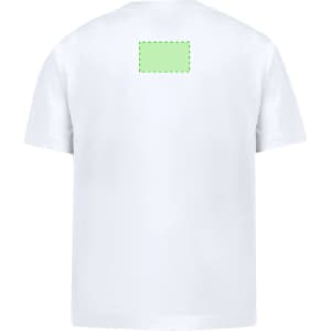 A white children's T-shirt with a blank section on the back, featuring a logo or branding area.