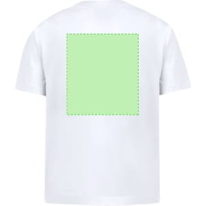 A white children's T-shirt featuring a green square on the back and a logo.