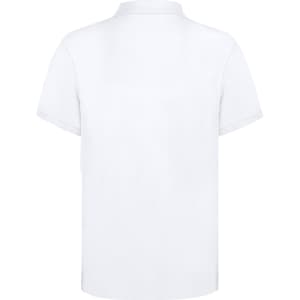 A white adult polo shirt with a short-sleeve design and a collar, featuring a logo.