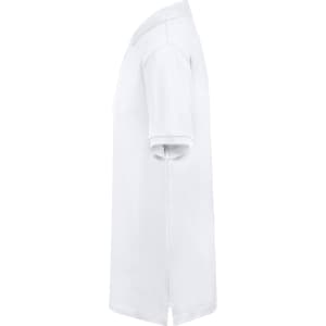 A white adult polo shirt with a collar, featuring short sleeves and a side view. It has a logo on it.