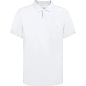 A white adult polo shirt featuring a classic collar and short sleeves, with a logo on the chest.