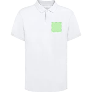 A white polo shirt with a collar and short sleeves, featuring a blank square area for branding.