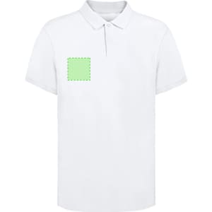 A white adult polo shirt featuring a blank area suitable for logos or branding on the front.