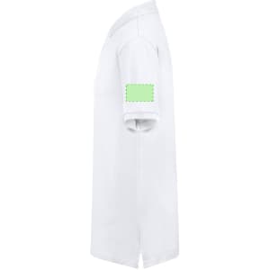 A white polo shirt with a rolled sleeve and a blank area for a potential logo or design.