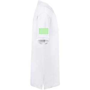 A white polo shirt with a short sleeve and a green patch on the arm, featuring a logo.