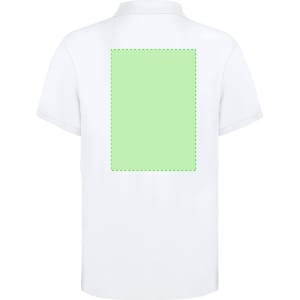 A white adult polo shirt featuring a green square on the back and a logo.