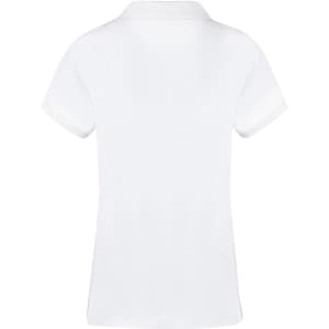 A white women's polo shirt with short sleeves and a collar, featuring a branding logo.