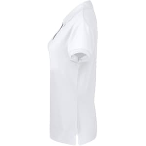 A white women's polo shirt with a classic collar and short sleeves, featuring a subtle logo.
