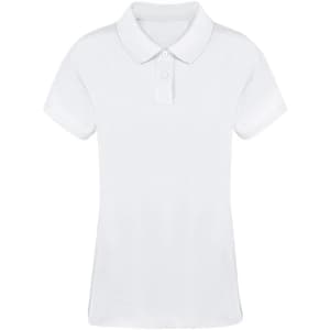 A white women's polo shirt featuring a collar and three-button placket, with a logo on the front.