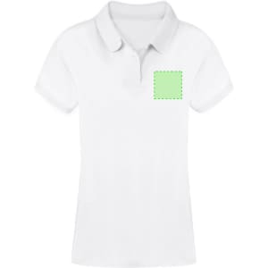 A women's white polo shirt with a green square for branding on the left chest area.