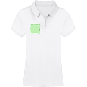 A white women's polo shirt featuring a blank area for branding or customisation on the front.