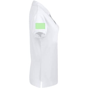 A white women's polo shirt with a fitted design, featuring short sleeves and a logo area on the sleeve.