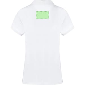 A white women's polo shirt featuring a plain back and a logo prominently displayed.