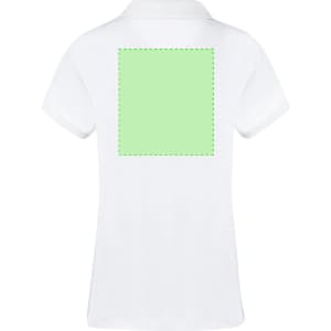 A white women's polo shirt with a plain green outline on the back and a collar. It features a logo on the front.
