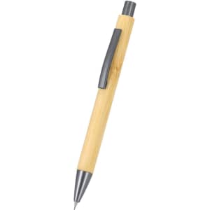 A mechanical pencil made of bamboo with a silver tip and clip, featuring a sleek design and a branding logo.