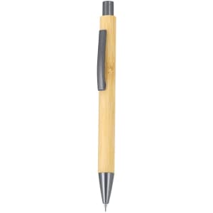 A bamboo mechanical pencil with a silver tip and clip, featuring a natural wood finish.