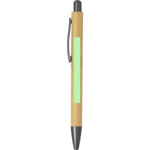 A mechanical pencil with a bamboo body, a grey clip, and a green accent panel. It features a logo on the side.
