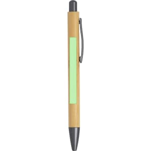 A mechanical pencil with a bamboo body, silver clip, and a grey tip, featuring a blank green area for customisation.