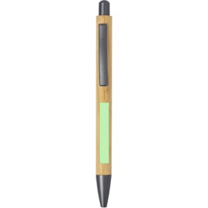 A bamboo mechanical pencil with a black tip and clip, featuring a green accent on the barrel.