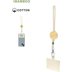 A wooden phone holder with a cotton strap, designed for carrying ID or cards, featuring a logo.