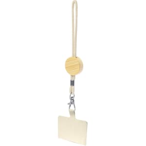 A wooden keychain with a round top and a rectangular tag attached by a rope, featuring a metal clip.