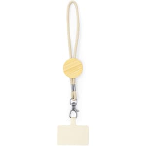 A cream-coloured lanyard holder with a wooden circular clip and a metal clasp, designed for displaying ID or tags.