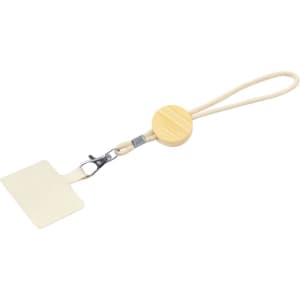 A silicone wristband with a round wooden clasp and a rectangular slot for displaying name tags or badges.
