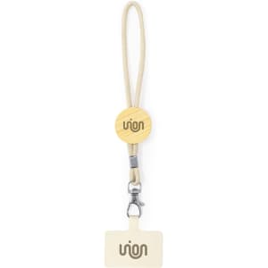 A beige wristband with a wooden disc and a clip for holding an ID card. Features a logo on the disc.