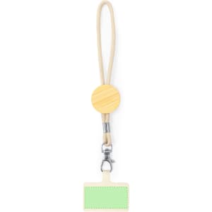 A green silicone wristband with a wooden circular attachment and a metal clasp.