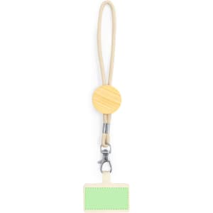 A bamboo and silicone holder with a green tag and a clip, suitable for exhibitions and events.