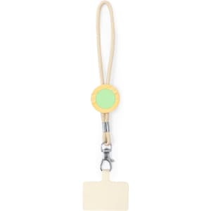 A silicone wristband in yellow and green, featuring a clip and a blank tag for identification.