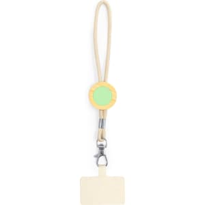 A silicon wristband with a wooden circular attachment in green and yellow, featuring a clip for securing a name tag.