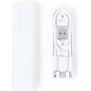 A white charging cable set with a compact storage case, featuring multiple connector types. It includes a logo.